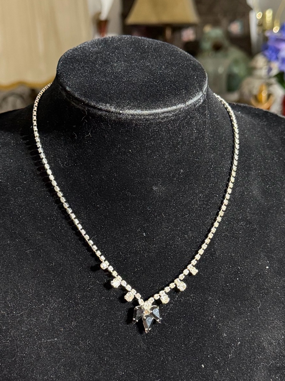 Vintage 1940’s Eisenberg Ice Silver Tone Crystal Black Pendant Necklace 16”